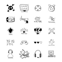 Hand drawn gamer icon set in doodle style. Set of vector signs about online video games. Cute cartoon gaming illustrations isolated on white background.