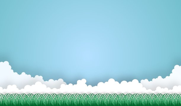 Sky With Cloud And Grass Landscape Background,vector,illustration,paper Art Style,copy Space For Text