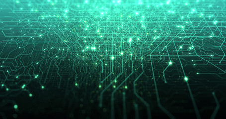 Abstract digital city. Digital Circuit board, Motherboard, Digital chip. Digitalization of Information: IT, IOT, Server, Data Center. Animated Visualization of Network Data. 3D render