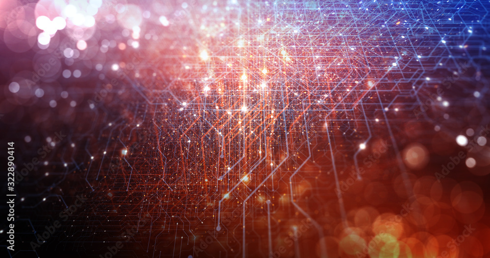 Poster abstract tech background made of printed circuit board. depth of field effect and bokeh. internet co