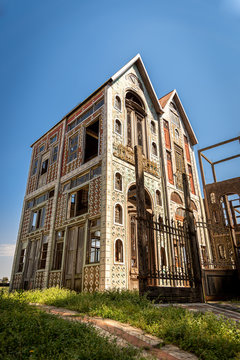 GONZALEZ CATAN, ARGENTINA, SEPTEMBER 28, 2019: Abandoned buildings in the amazing medieval town of Campanopolis.