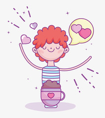 happy valentines day, boy with chocolate cup hearts love