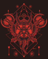 oni mask with axe weapon-sacred geometry