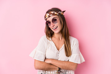 Young hipster caucasian woman isolated laughing and having fun.