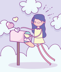 happy valentines day, girl with envelope in mailbox hearts love