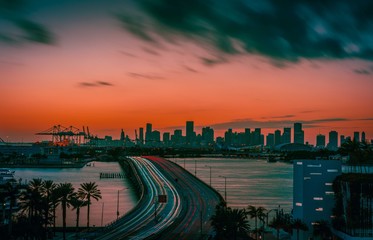 city skyline sea lights illuminated night sky cityscape miami florida usa dusk impressions architecture buildings blue highway traffic sunrise circulation road twilight bridge © Alberto GV PHOTOGRAP