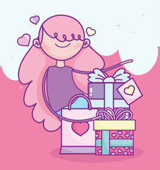 happy valentines day, girl with gifts and shopping bag celebration