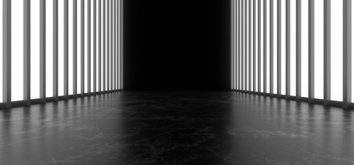 Beautiful composition of white neon lights on a black background. 3d rendering image.