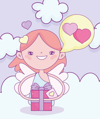 happy valentines day, cupid with gift box speech bubble love hearts