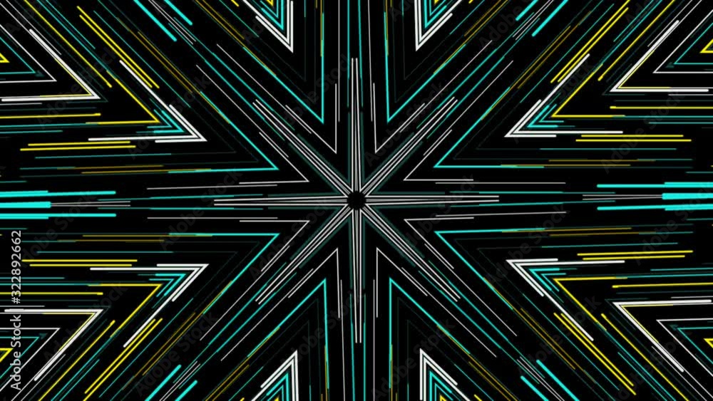 Poster hypnotic abstract kaleidoscope with moving neon rows of lines changing their color. animation. live 