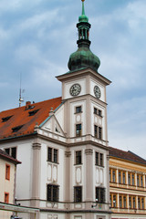 Vertical picture of the facade of the Town Hall (Radnice) of Loket, located in Loket Market, the main square, in Czech Republic