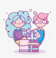 happy valentines day, cute couple with gifts hearts love celebration