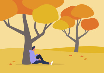 Young male character sitting under the tree, autumn outdoor leisure, hiking