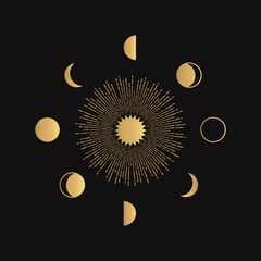 Hand Drawn Abstract Composition with Golden Sun and Moon Phases