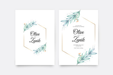 Beautiful leaves watercolor on wedding card template with clean design