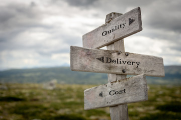 quality, delivery and cost text on wooden road sign outdoors in nature.