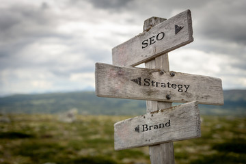 Seo, strategy and brand text on wooden road sign outdoors in nature.