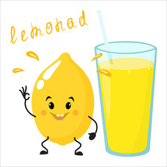Cute happy character lemon with a glass of glass.
