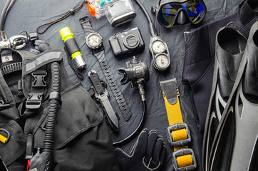 Full set of scuba diving equipment Fins, Regulator/Octopus, Depth Gauge, Balanced Regulator,Power...