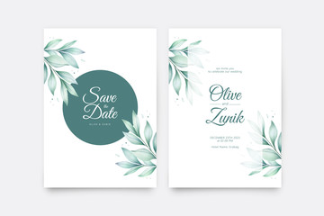 Elegant wedding card template with minimalist leaves watercolor