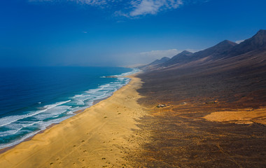 Cofete beach, Fuerteventura, Canary Islans, Spain. Aerial drone view in october 2019