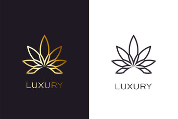Gold cannabis plant logo. Luxury golden style - obrazy, fototapety, plakaty