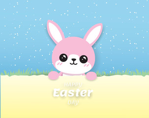 cute pink rabbit happy easter on blue background ,digitalcraft,paper cut