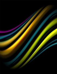 Silk smooth lines on black, liquid fluid color waves. Vector Illustration