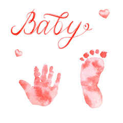 Watercolor cute nursery footprints isolated on a white background