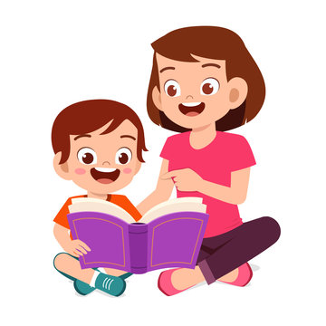 recommend clip art: happy cute little kid boy read book with mom