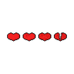 Pixel art game heart icon set.