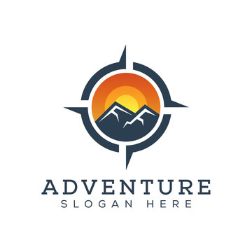 adventure mountain with compass logo design vector template