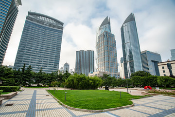 Glass window of office building in Financial District..