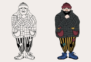 Collection of hand drawn vector homeless man frozen. Concept illustration