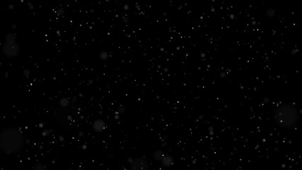 Winter Snow falling from sky top. Snow isolated on black background for motion graphics composing elements. Random snowy size turbulance in air and storm. Isolated snow snowflakes. 3D illustration