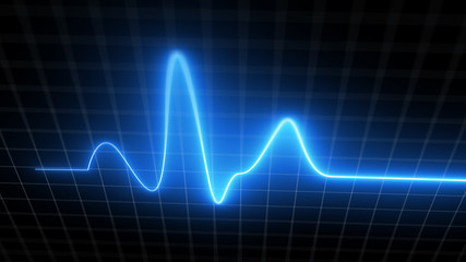 Blue heartbeat monitor EKG line monitor with moving camera processing heartthrob display. Electrocardiogram medical screen graph of heart rhythm on black background with white grid. 3D illustration - Powered by Adobe