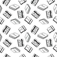 Hand drawn, seamless pattern school stationery items. Black on white background. Vector art. Plants succulents, pens, pencils, brushes, stapler. Doodle style