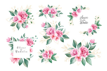 Set of watercolor floral decoration vector of pink and purple rose flowers and gold leaves. Romantic botanic illustration for wedding, greeting, and valentine card design vector