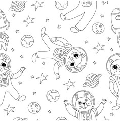 Vector super cute cat and rabbit astronaut rocket planets stars bright funny children illustration space seamless pattern