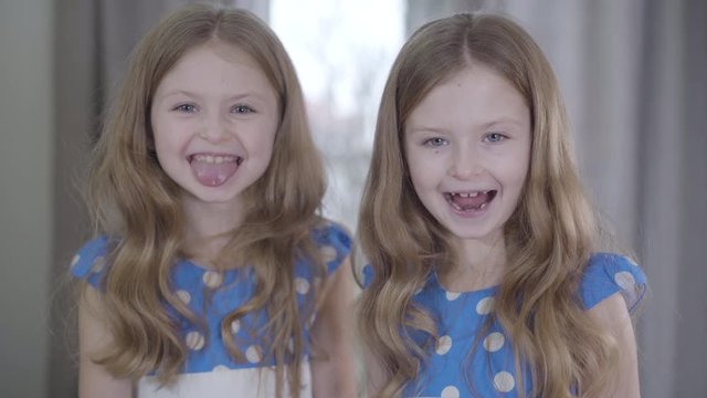 Close-up of two cheerful Caucasian twin girls grimacing. Portrait of joyful sisters having fun on weekends at home. Joy, leisure, making faces.