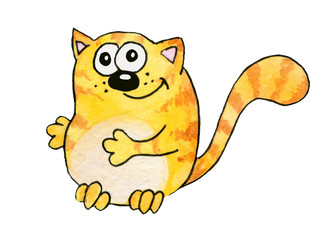 Orange, striped funny cats in cartoon style. Children's watercolor illustration. With a black stroke. Clipart on a white background.