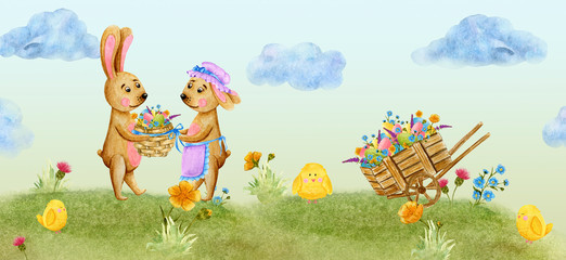 Easter banner, a family of rabbits in a village with chickens, on a green hill. Watercolor illustration.