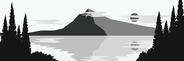 Vector landscape panorama with mountain,clouds,sun and reflection of mountain on lake.Pine trees and bush in foreground.