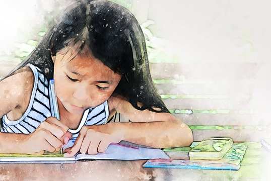 Abstract colorful girl kids learning and working homework on watercolor illustration painting background.