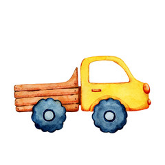 Naklejka premium Cartoon kids car, lorry. Hand drawn watercolor illustration isolated on white background for the design of children's products, books, covers.
