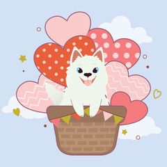 The character of cute samoyed dog sitting in the hot air balloon on the sky. The cute samoyed do sitting in the basket and heart balloon in the blue background. 