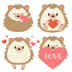 The collection of cute hedgehog with heart on the white background. The character of hedgehog hugging a heart. The character of cute hedgehog in flat vector style. © Guppic the duck
