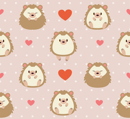 The seamless pattern of cute hedgehog and heart on the pink background with polka dot. The character of cute hedgehog with heart and polka dot. The character of cute hedgehog in flat vector style.