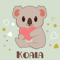 The character of cute koala hugging a heart in the green background. The character of cute koala smiling and hugging a heart with star. The character of cute koala in flat vector style.