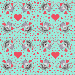 EPS 10 vector. Seamless pattern with hearts and cute raccoon.
